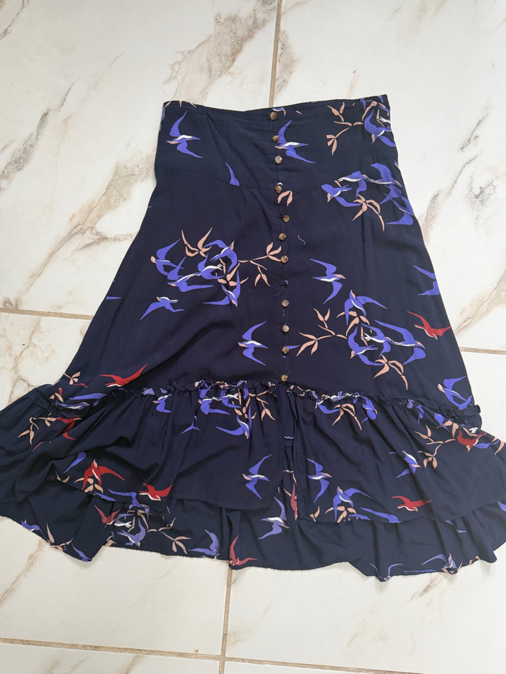 Maeve Navy Floral Button-Front Tiered Skirt with Blue and Red Accents